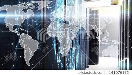 Glowing server racks showing blue LEDs and trays in data center aisle, with world map overlay Glowing server racks showing blue LEDs and trays in data center aisle, with world map overlay 141076185