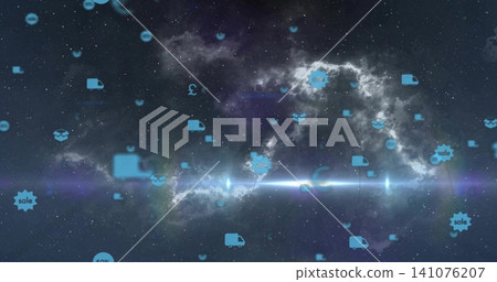 Glowing nebula and blue ecommerce icons drifting in space, with truck and pound symbols Glowing nebula and blue ecommerce icons drifting in space, with truck and pound symbols 141076207