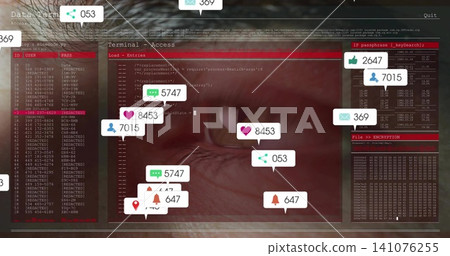 Showing single human eye reflecting terminal at console, with code, hex dump and popups Showing single human eye reflecting terminal at console, with code, hex dump and popups 141076255