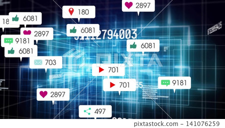 Floating cluster of social notifications hovering over data hub, showing icon badges and counters Floating cluster of social notifications hovering over data hub, showing icon badges and counters 141076259