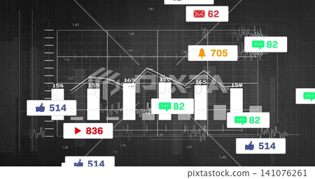 Displaying data chart on dark screen showing seven white bars and line, trace, notification badges Displaying data chart on dark screen showing seven white bars and line, trace, notification badges 141076261