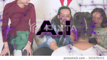 Chatting five adults sitting on sofa at home, wearing green antler headband, with purple AI overlay Chatting five adults sitting on sofa at home, wearing green antler headband, with purple AI overlay 141076331