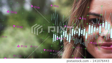 Gazing mid adult woman studying candlestick overlays in park, with green trend lines, copy space Gazing mid adult woman studying candlestick overlays in park, with green trend lines, copy space 141076443