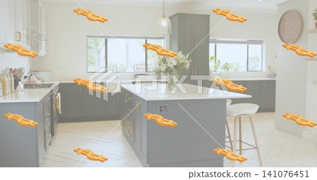 Featuring kitchen island showcasing white countertop, built-in drawers, glass vase, stools at home Featuring kitchen island showcasing white countertop, built-in drawers, glass vase, stools at home 141076451