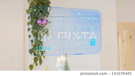 Floating blue hologram projecting charts in foyer before white door, with pothos, candle, conifer Floating blue hologram projecting charts in foyer before white door, with pothos, candle, conifer 141076485