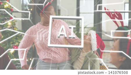 Leaning woman in pink cable-knit sweater, red antlers, toward teen in Santa hat, lounge, AI overlay Leaning woman in pink cable-knit sweater, red antlers, toward teen in Santa hat, lounge, AI overlay 141076508