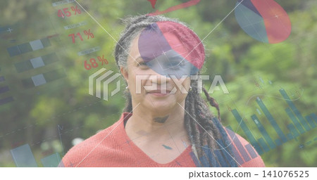 Standing mature woman wearing rust-orange sweater gazing at camera in park, with charts 45% 71% 68% 141076525