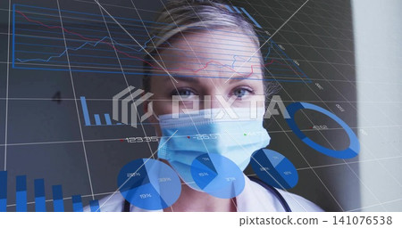 Analyzing doctor reviewing holographic data in exam room, with surgical mask stethoscope white coat Analyzing doctor reviewing holographic data in exam room, with surgical mask stethoscope white coat 141076538