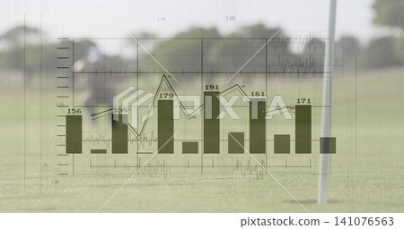 Displaying faint bar line chart overlaying fairway, showing flagstick, blurred man in dark cap coat Displaying faint bar line chart overlaying fairway, showing flagstick, blurred man in dark cap coat 141076563