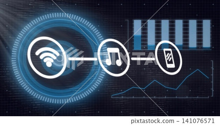 Displaying WiFi, music, phone chain with links on holographic HUD, showing radial rings and charts Displaying WiFi, music, phone chain with links on holographic HUD, showing radial rings and charts 141076571