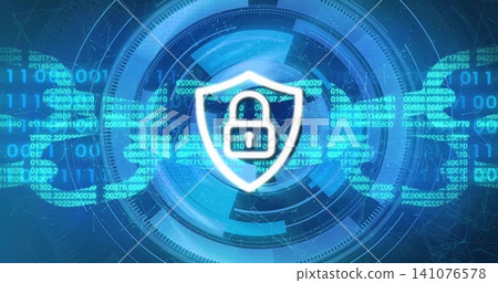 Displaying bright white shield with padlock floating in cybersecurity interface, with HUD rings Displaying bright white shield with padlock floating in cybersecurity interface, with HUD rings 141076578