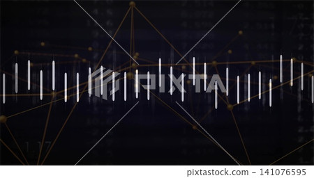 Displaying central band of white bars pulsing on dark panel with golden nodes and guide line Displaying central band of white bars pulsing on dark panel with golden nodes and guide line 141076595