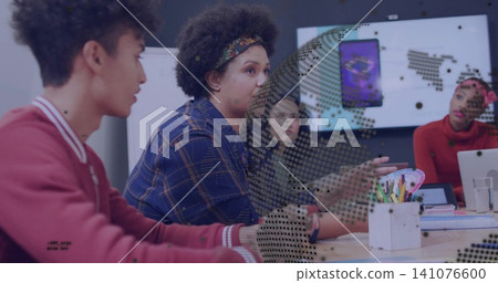 Presenting lead in plaid shirt patterned headband gesturing at meeting table with AR globe, laptop Presenting lead in plaid shirt patterned headband gesturing at meeting table with AR globe, laptop 141076600