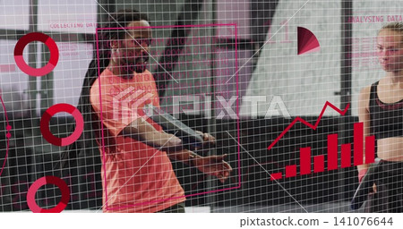 Holding weight, man wearing coral T-shirt exercising in studio with red AR overlays, woman in black 141076644