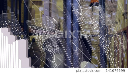 Standing man in suit and striped tie surveying equipment racks in data center, with HUD overlays 141076699