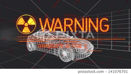 Showing wireframe car in grid chamber with orange WARNING, radiation trefoil, HUD bars, red streaks Showing wireframe car in grid chamber with orange WARNING, radiation trefoil, HUD bars, red streaks 141076701