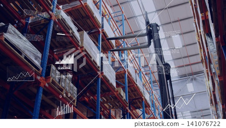 Reaching forklift mast and pallet racking working in warehouse aisle, with pallets, data overlays Reaching forklift mast and pallet racking working in warehouse aisle, with pallets, data overlays 141076722