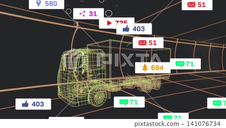 Showing neon wireframe box truck on orange tunnel grid, displaying notification badges, copy space Showing neon wireframe box truck on orange tunnel grid, displaying notification badges, copy space 141076734