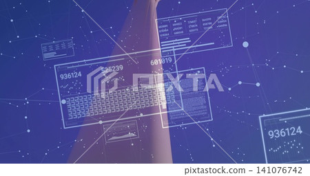 Pointing lone index finger and forearm interacting with holographic panels in virtual grid, numbers Pointing lone index finger and forearm interacting with holographic panels in virtual grid, numbers 141076742