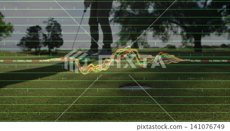Standing golfer wearing polo and shorts lining up putt on putting green, grid overlay, putter, ball Standing golfer wearing polo and shorts lining up putt on putting green, grid overlay, putter, ball 141076749
