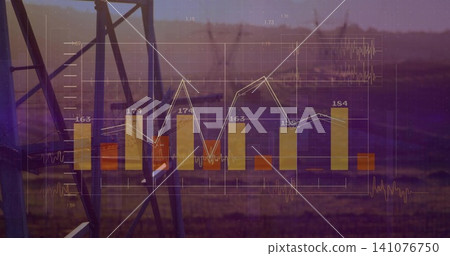 Displaying translucent data chart over rural field at dusk, showing yellow bars, waveforms, tower Displaying translucent data chart over rural field at dusk, showing yellow bars, waveforms, tower 141076750