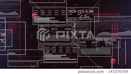 Showing translucent UI panels displaying number tables, bars, waveforms and red markers on hex HUD Showing translucent UI panels displaying number tables, bars, waveforms and red markers on hex HUD 141076789