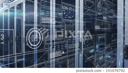 Showing glass-front server racks projecting holograms inside server room, with rack rails and LEDs Showing glass-front server racks projecting holograms inside server room, with rack rails and LEDs 141076792