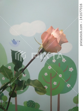 A single delicate peach rose stem captured in a vertical composition against a playful cartoon forest wallpaper background. This creative image is ideal for spring themes, greeting cards, or decor. A single delicate peach rose stem captured in a vertical composition against a playful cartoon forest wallpaper background. This creative image is ideal for spring themes, greeting cards, or decor. 141077016