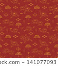 Asian traditional Festival seamless pattern with gold line art peony flowers,chinese folding fan on red background for Lunar New Year or Mid Autumn Festival 141077093