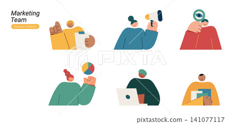 Flat vector character collection featuring diverse marketing team people in various business concepts illustration. Flat vector character collection featuring diverse marketing team people in various business concepts illustration. 141077117