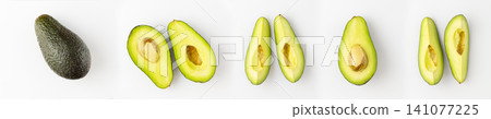 Whole and sliced avocado on white background, top view Whole and sliced avocado on white background, top view 141077225