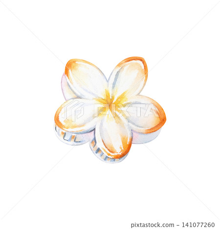 Watercolor illustration of a plumeria flower hair clip. An isolated tropical frangipani flower is hand-drawn. A women's hair accessory for relaxation, beach, travel, and vacation. Suitable for design  141077260