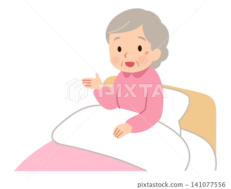 一位老婦人坐在床上說話,她的臉部表情。 一位老婦人坐在床上說話,她的臉部表情。 141077556