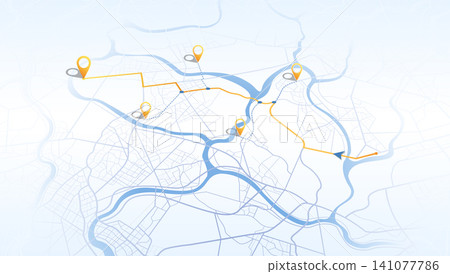 Gps map navigation with yellow markers and winding route on light city background. Vector illustration. Gps map navigation with yellow markers and winding route on light city background. Vector illustration. 141077786