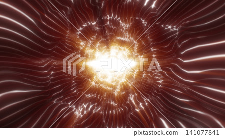 Glowing abstract energy core with white and golden light bursting through red digital wave lines and futuristic motion. Glowing abstract energy core with white and golden light bursting through red digital wave lines and futuristic motion. 141077841