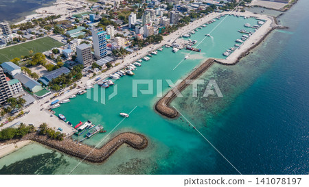 Aerial view of Maafushi islands in Kaafu Atoll, Maldives Aerial view of Maafushi islands in Kaafu Atoll, Maldives 141078197