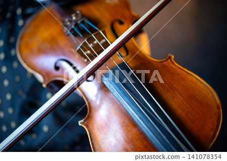 Macro shot of violin strings and bow Macro shot of violin strings and bow 141078354