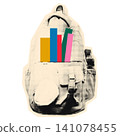 Halftone backpack with colorful books, school supplies. Vintage collage style vector illustration, education, back to school, study and learning concept. Isolated on transparent background 141078455