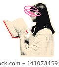 Halftone woman reading a book with abstract doodle halo. Vintage collage vector illustration, education, literature, knowledge, student and study concept. Cut out sticker on transparent background 141078459