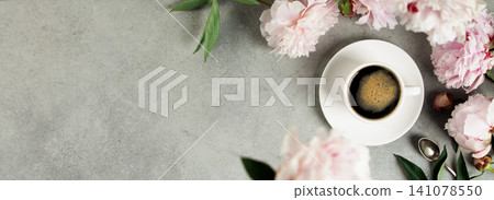 Morning Coffee with Peonies on Light Stone Background Morning Coffee with Peonies on Light Stone Background 141078550