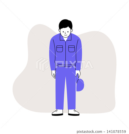 A man in work clothes removes his hat and bows. A man in work clothes removes his hat and bows. 141078559
