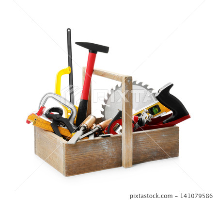 Wooden box with carpenter's tools isolated on white Wooden box with carpenter's tools isolated on white 141079586