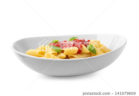 Tasty pasta with tomato sauce, basil and cheese isolated on white Tasty pasta with tomato sauce, basil and cheese isolated on white 141079609