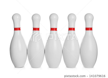 Bowling pins with red stripes isolated on white Bowling pins with red stripes isolated on white 141079616