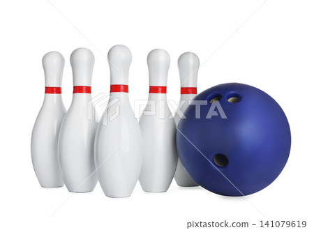 Blue bowling ball and pins isolated on white Blue bowling ball and pins isolated on white 141079619