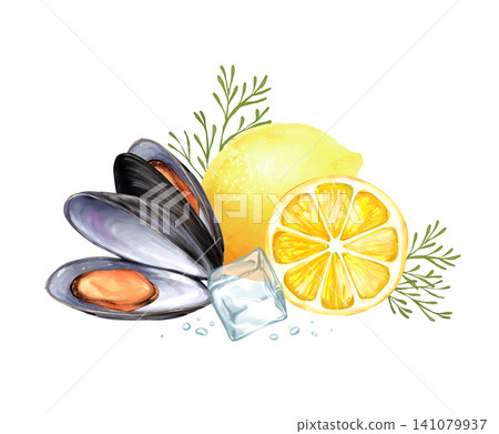 Seafood mussels with lemon and ice hand-drawn illustration 141079937
