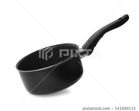 Empty modern black saucepan isolated on white Empty modern black saucepan isolated on white 141080115