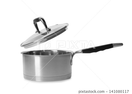 Empty modern steel saucepan with lid isolated on white Empty modern steel saucepan with lid isolated on white 141080117