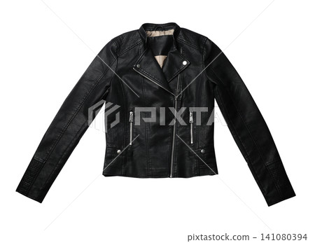 Stylish leather jacket isolated on white, top view Stylish leather jacket isolated on white, top view 141080394