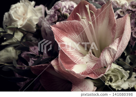 Beautiful bouquet of different flowers, closeup. Floral card design with dark vintage effect Beautiful bouquet of different flowers, closeup. Floral card design with dark vintage effect 141080398